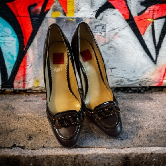 Oscar De La Renta Brown leather high heel 9M Twist Chains On Front - Picture 1 of 9